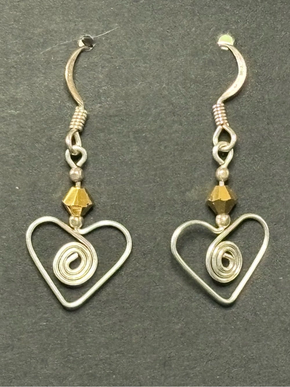 Silver-Tone Heart Drop Earrings with Gold Accent Bead - Picture 2 of 6